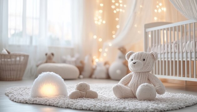 Cozy nursery featuring soft toys and warm lighting, creating a peaceful environment for children.