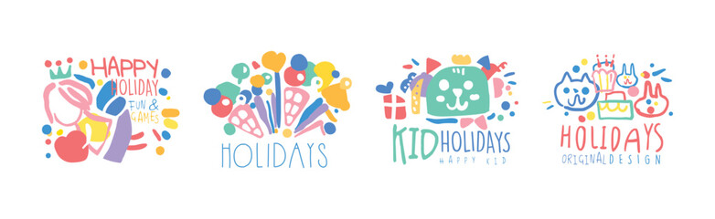 Happy Kids Holiday Colorful Original Design Vector Set
