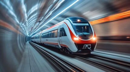 Fototapeta premium A high-speed train races through a tunnel, creating a blur of motion and light.