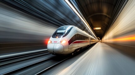 Obraz premium A high-speed train speeding through a tunnel with motion blur.