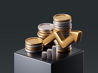 Rise money financial business profit growth finance market 3d economy background with up arrow success stock investment increase currency icon wealth exchange cash coin earning price target concept.