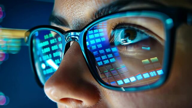 A person wearing glasses looks intently at a computer screen, reflecting blue light