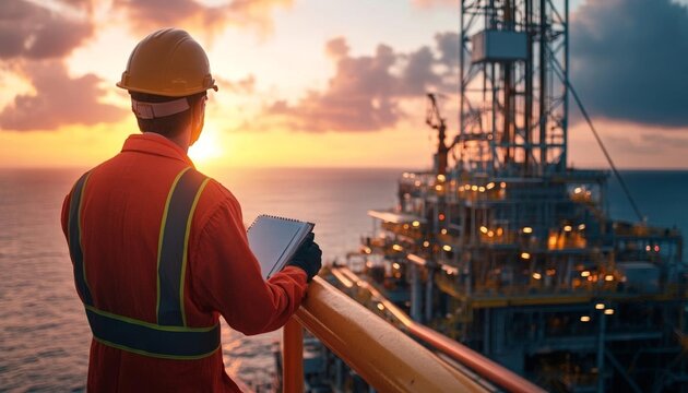 back view of a data analyst man with helmet standing and write informations at drilling rig