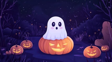 A ghost sits on top of a jack-o-lantern in a field of pumpkins at night.
