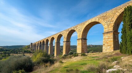 Fototapeta premium A beautiful view of an ancient Roman aqueduct, with its arches framed against a clear blue sky.