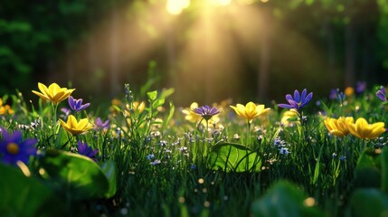 Obraz premium Serene Meadow with Blossoming Flowers and Sunlight