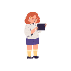 Cute child looking at the smartphone or tablet device, vector little girl using gadgets, online education, communication