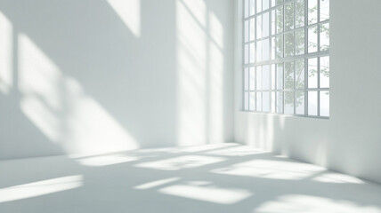 Obraz premium Bright and airy interior with large windows casting shadows in a minimalist space