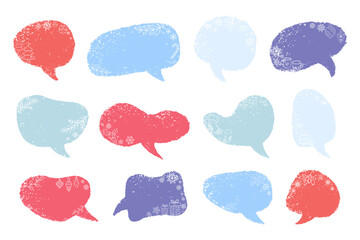 Christmas grunge speech bubbles with decorative winter elements. Empty xmas chat boxes set with snowflakes, fir tree branches, tree, baubles, gift box, holly