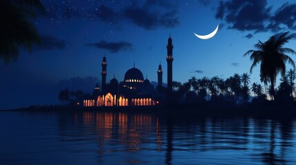 Obraz premium A mosque with lit windows stands on a small island with palm trees under a crescent moon and starry night sky.