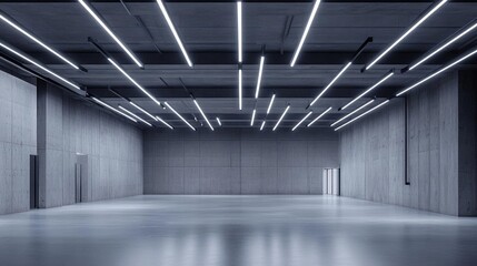 clean large concrete factory with 20x illuminated LED slimline battens on ceiling
