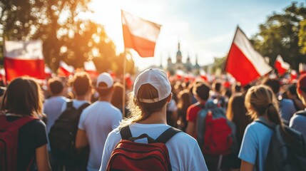 A red-white heart in the colors of the national flag of Poland in the hands of a child against the backdrop of the old town square. Independence Day of Poland. Freedom and Democracy