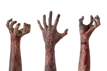 Set of zombie hands with a bloody wound. Zombie, devil, evil, satan, or monster hands isolated over...
