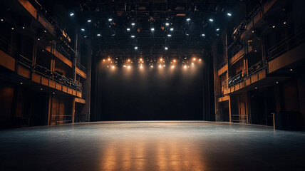 Empty theater stage illuminated with bright lights, ready for performance in the evening