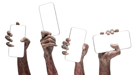 Set of zombie hands with a bloody wound holding a mobile phone or cell phone. Blank mobile phone screen for copy space. Zombie, devil, evil, satan, or monster hands isolated over a white background