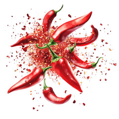 Red chili peppers exploding in a vector illustration on a Transparent background.