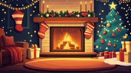 Cartoon fireplace scene with stockings, christmas tree, and gifts in cozy living room