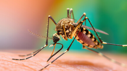 A close-up of a mosquito resting on human skin, with a blurred background of a person, emphasizing the mosquito's role in transmitting viruses