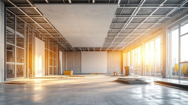 Suspended ceiling frame installation in progress, aluminum profiles and plasterboard, wide shot of unfinished room, industrial vibe, natural lighting, ultra-realistic
