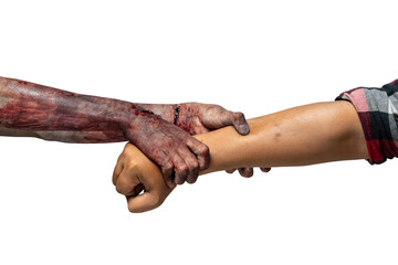 A zombie hand with a bloody wound grabs a human hand. Zombie, devil, evil, satan, or monster hands...