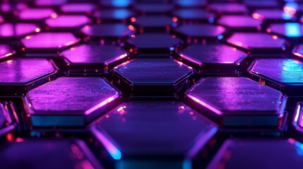 Symmetrical hexagonal patterns with glassy, iridescent surfaces, reflecting neon light, holographic color gradients of purple and teal, digital rendering, ultra-futuristic design