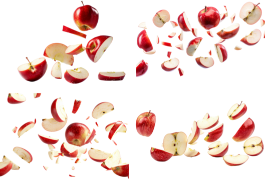 Flying apple fruit with half slices and leaves floating in the air isolated on white or transparent background - Powered by Adobe