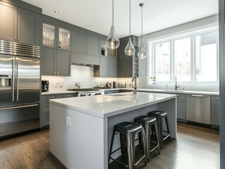 Gray cabinets, white countertops, stainless steel appliances, gray backsplash, black bar stools