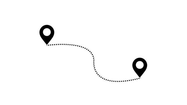 Two location pins connected by a dashed line animated on background. location pins connected by a dashed line icon