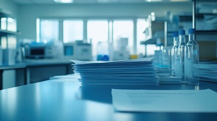 Fototapeta premium A laboratory workspace with papers and glass vials, indicating scientific research activities.