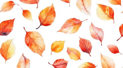 Fototapeta premium Watercolor painting of autumn leaves on white background.