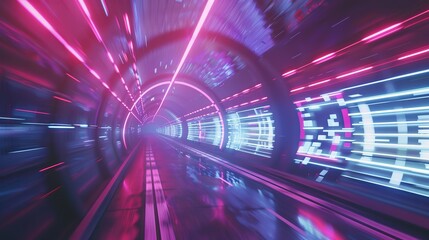 Obraz premium Dynamic 3D illustration of a turtle in turbo mode, racing through a futuristic tunnel illuminated by vibrant white and purple light trails