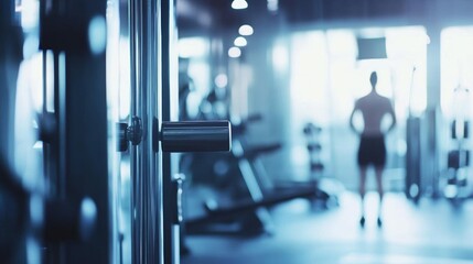 gym with equipment, against the background of 2 people training out of focus