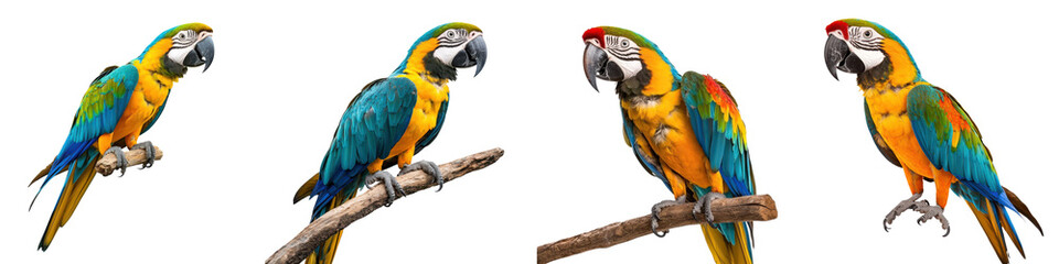 Obraz premium Colorful macaw parrots perched on branches, isolated on a white background.