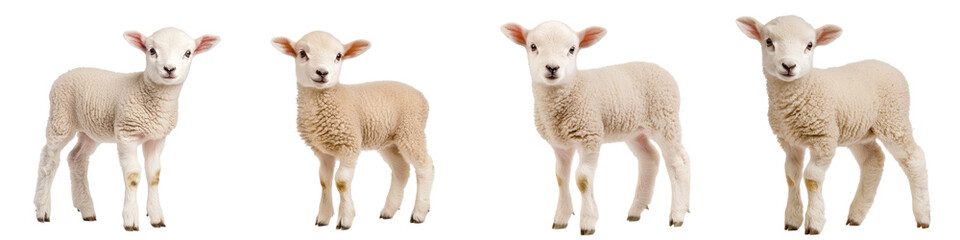 Obraz premium Four adorable lambs standing together on a white isolated background.