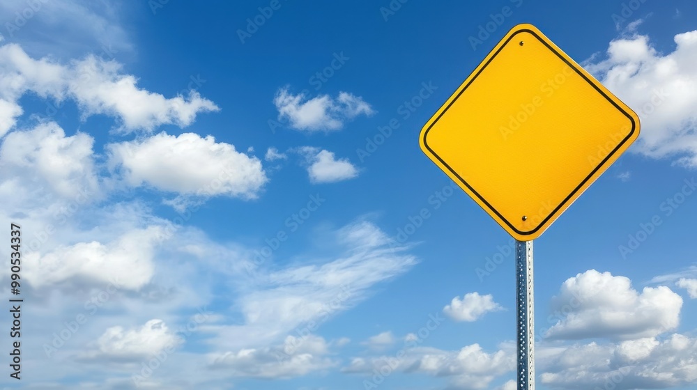 Wall mural blank yellow diamond road sign with a blue sky and white clouds.