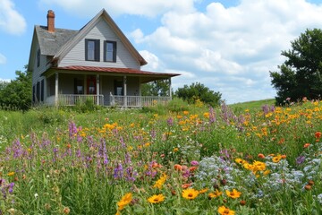 Obraz premium Country home nestled in a field of wildflowers. Perfect for illustrating stories about nature, peace, and relaxation.