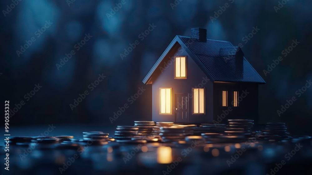 Poster a small house with glowing windows sits on a pile of coins in the dark.