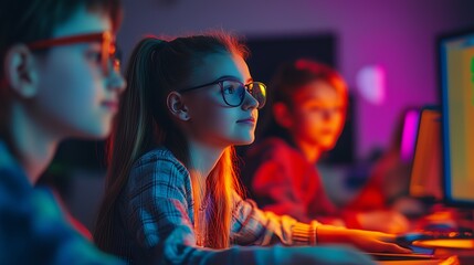 Children intensely working on computers in a neon-lit room, highlighting technology and education in a modern setting.