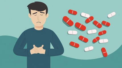 A man appears distressed with pills scattered around, suggesting health concerns.
