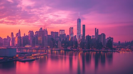 Obraz premium A panoramic view of the New York City skyline at sunset.