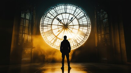 Silhouette of Person Against Majestic Clock Window