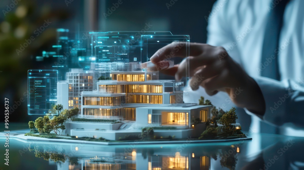 Poster a person interacts with a holographic projection of a building model.