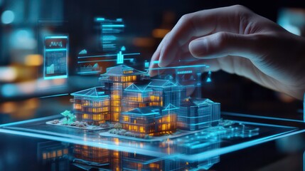 A hand hovers over a glowing digital model of an apartment building on a digital tablet.