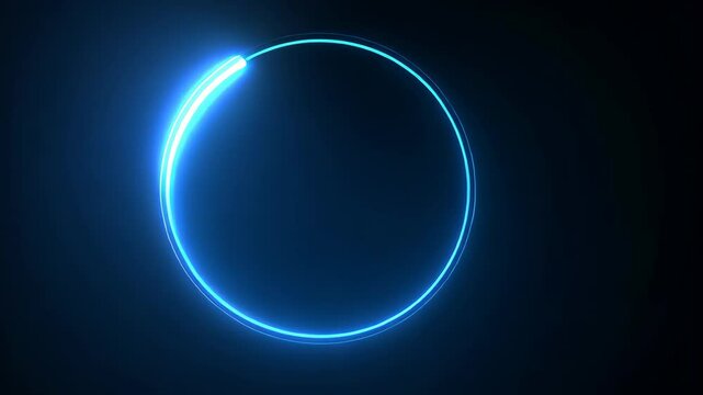 A blue neon circle glows in the dark