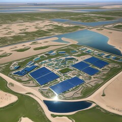 a picture of a lake and a field with blue solar panels