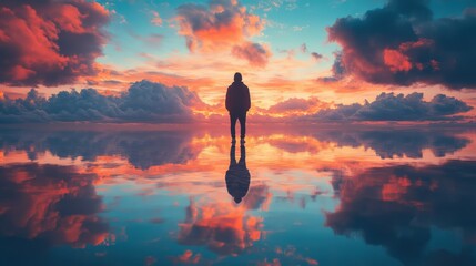 Serene Sunset Reflections with Silhouette Figure