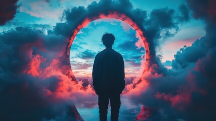 Person Standing Before a Colorful Cloud Portal