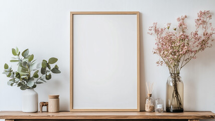 Elegant home decor with a blank frame and dried flowers on a wooden table in natural light