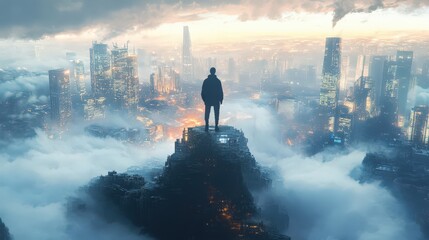 Urban Explorer Overlooking a Mysterious Cityscape