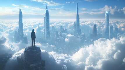 Person on Cloudy Summit Overlooking Futuristic Cityscape